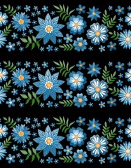 Floral embroidery seamless pattern. Horizontal stripes from blue flowers and green leaves on black background. Textile print.