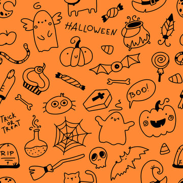 Halloween doodle seamless pattern. Vector holiday characters and horrible elements in simple hand drawn cartoon style. Black outline on an orange background.