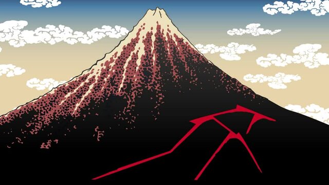雲の間から出てくる富士山