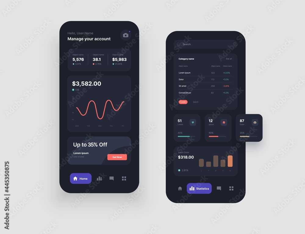 Poster mobile app interface design in dark colors with ui and ux elements. use design for web application, 