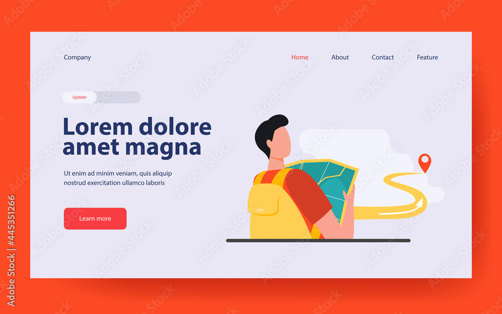 Poster man looking for route on map. geolocation, direction. flat vector illustration. navigation concept c