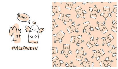 My first Halloween. Seamless pattern. A cute ghost in a simple hand-drawn cartoon doodle style. One line on the background of pastel spots with a brush. Lettering.