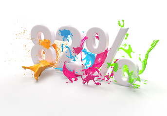 Paint eighty two 82  number percentages and percent in splash of colorful paint on a white background.