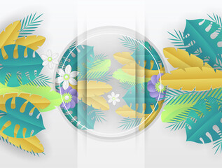 Colorful summer tropical background vector. Palm leaves, monstera leaf, Botanical background design for wall framed prints, wall art, invitation, canvas prints, poster, home decor, cover, wallpaper.