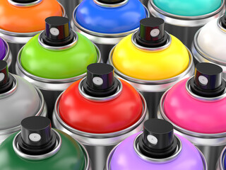 Group of colorful metal spray paint cans