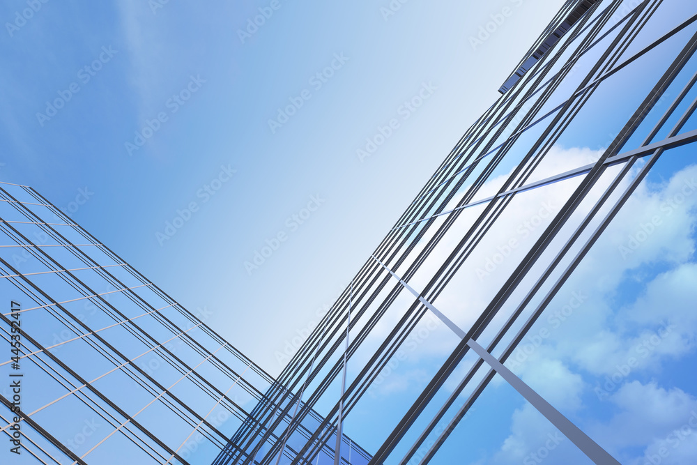 Poster low angle view of futuristic architecture, skyscraper of corporate office building, 3d rendering.