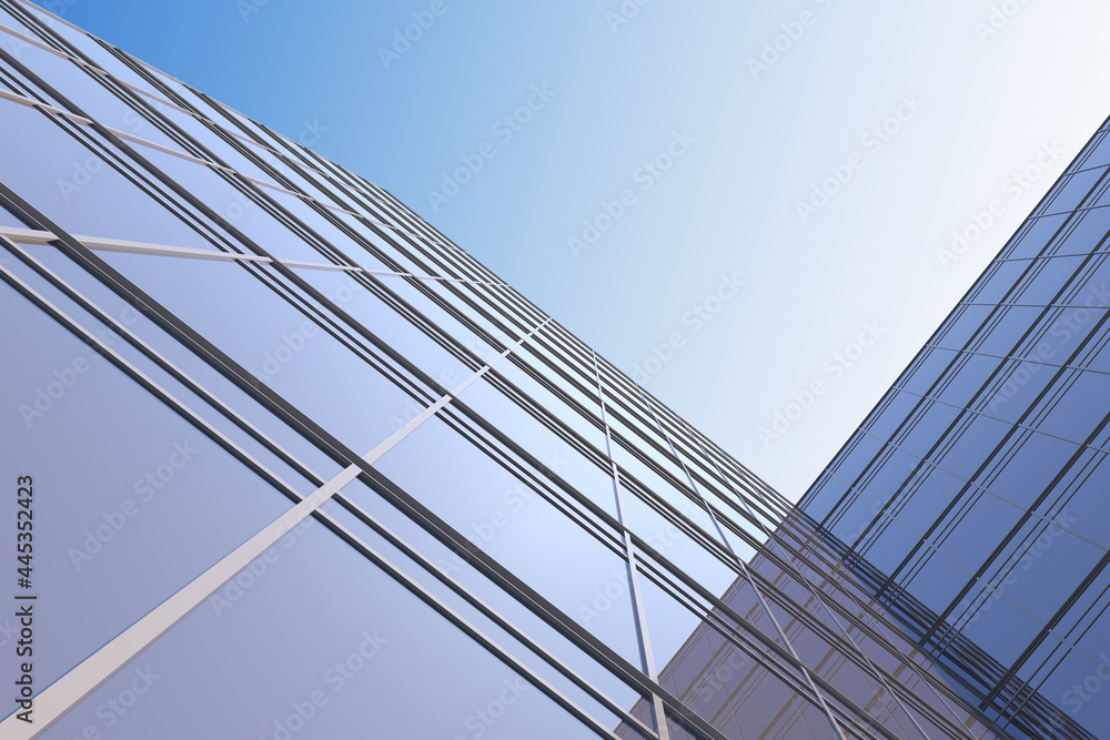 Poster low angle view of futuristic architecture, skyscraper of corporate office building, 3d rendering.