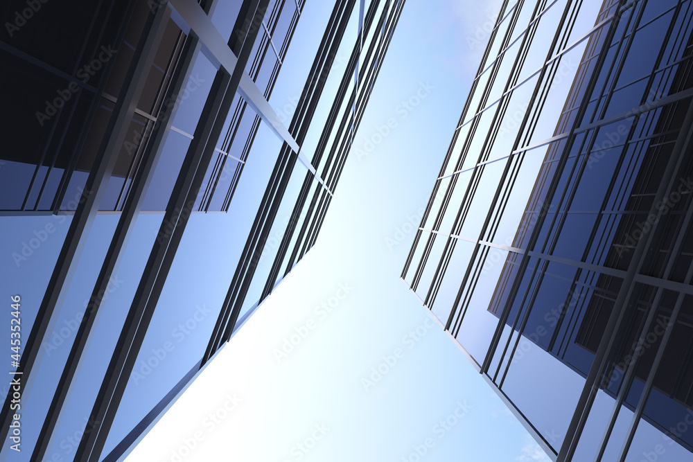Poster low angle view of futuristic architecture, skyscraper of corporate office building, 3d rendering.