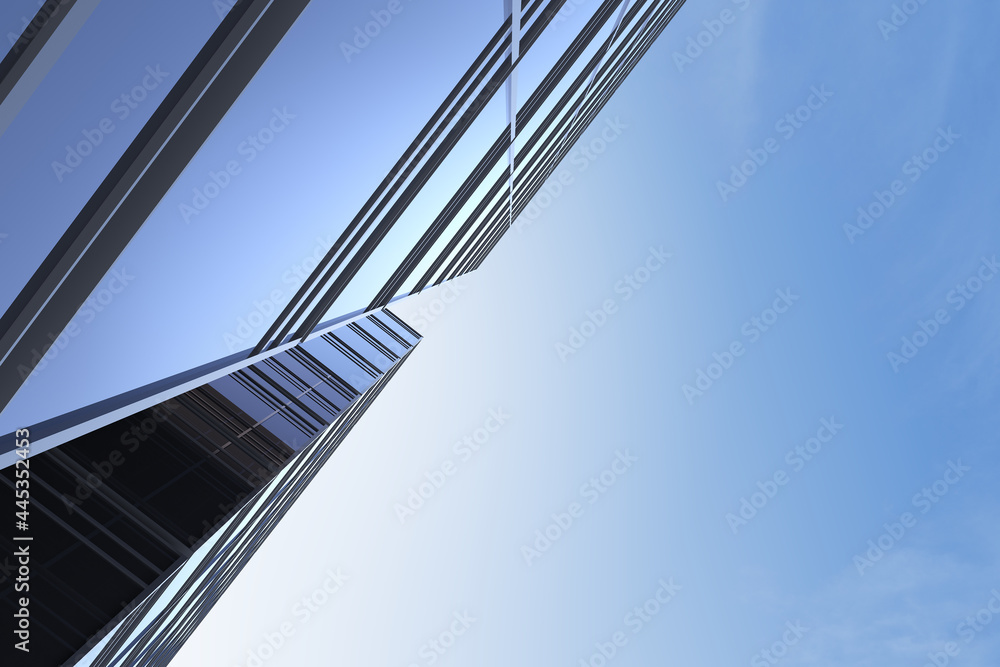 Poster low angle view of futuristic architecture, skyscraper of corporate office building, 3d rendering.