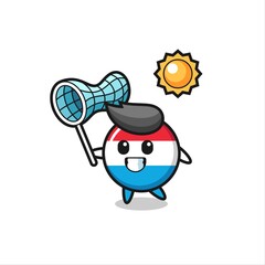 luxembourg flag badge mascot illustration is catching butterfly