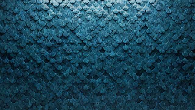 Polished, Blue Patina Mosaic Tiles arranged in the shape of a wall. Glazed, Fish Scale, Bricks stacked to create a 3D block background. 3D Render