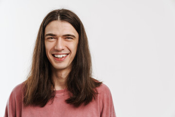 Obraz premium Portrait of a young white casual man with long brown hair