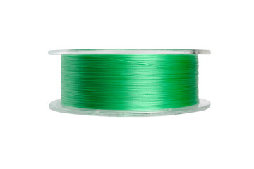 Fishing braided line isolated on white background. Spool of green cord isolated. Spool of braided...