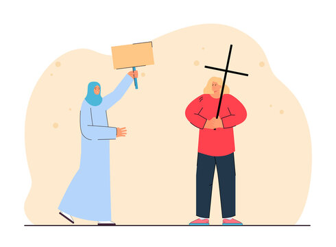 Christian woman holding cross and Muslim woman with placard. Angry female catholic, Arab person in traditional clothes flat vector illustration. Religion concept for website design or landing web page