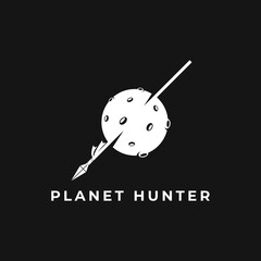 Vector logo in which an abstract image with a planet stuck in a hunter's spear.