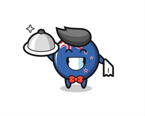 Character mascot of new zealand flag badge as a waiters