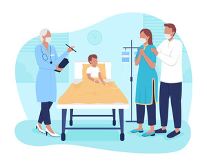 Planning child stay in hospital 2D vector isolated illustration. Parents talking with doctor about kid condition flat characters on cartoon background. Patient room in private clinic colourful scene