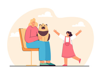 Obraz na płótnie Canvas Daughter running towards mother sitting on chair with dog. Woman with domestic animal on lap, happy girl flat vector illustration. Family, pets concept for banner, website design or landing web page