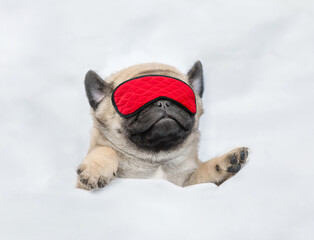 Pug puppy wearing sleeping mask sleeps on a bed at home. Top down view