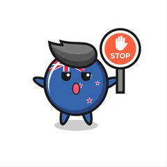 new zealand flag badge character illustration holding a stop sign