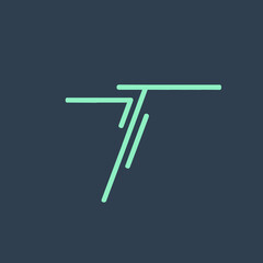Letter T logo.Typographic icon.Lettering sign isolated on dark background.Alphabet initial.Modern, design, geometric, minimalist, tech style.Neon color.