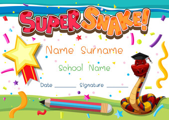 Diploma or certificate template for school kids with super snake