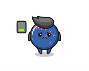 new zealand flag badge mascot character doing a tired gesture