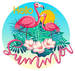 Hello Summer logo banner with flamingo and tropical leaves isolated