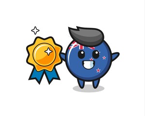 new zealand flag badge mascot illustration holding a golden badge
