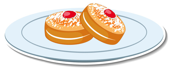 Sponge cake with icing sugar and strawberry jam toppings on a plate
