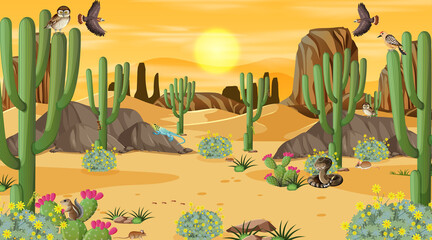 Desert forest landscape at sunset scene with desert animals and plants © blueringmedia