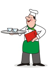 The chef carries a tray with cups and menu, vector illustration