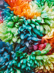Solid vertical background of colored chrysanthemums, close-up, top view. Chrysanthemum is painted in rainbow colors. Colored abstract background. Retro tone.