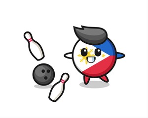 Character cartoon of philippines flag badge is playing bowling