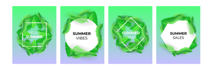 End of Summer sale design with paper cut tropical fun bright color background layout banners. Hello September social media post or stories background. Voucher discount. Vector illustration template