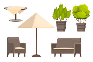 Backyard furniture set, comfortable armchair, sofa, parasol, table with tablecloth and plants in cartoon style isolated on white background. Luxury collection, patio leisure
