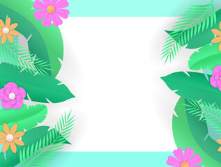 Fototapeta na wymiar Exotic leaves frame. Tropical leaf border, nature summer frames and luxury palm leaves borders vector design background