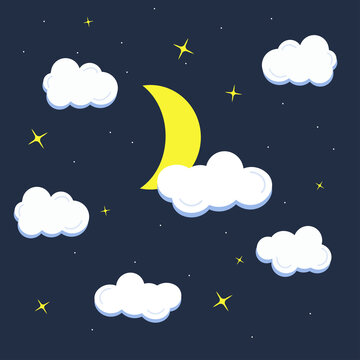 Yellow crescent, cloud and star on dark blue background. Cartoon vector illustration