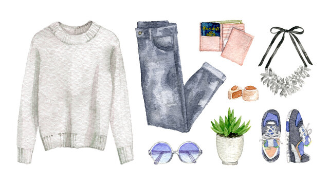 watercolor sketch hand-painted illustration. a fashionable outfit, a set of clothes and accessories. street casual style. collection of isolated elements.