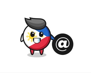 Cartoon Illustration of philippines flag badge standing beside the At symbol