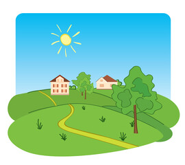 Naklejka premium houses on green hills under blue sky - vector illustration