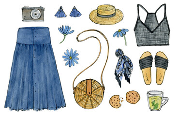 summer fashion outfit, set of clothes and accessories. watercolor illustration, isolated elements. - 445356860
