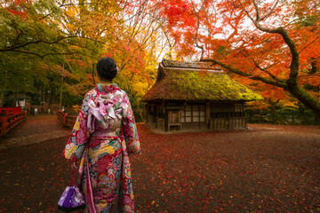Japanese woman walking with traditional kimono dress in Nara park
