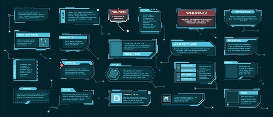 Hud callout titles. Futuristic text boxes, digital callouts bar labels. Sci-fi info frame template, hi-tech infographic elements vector set. Window templates with information and warning