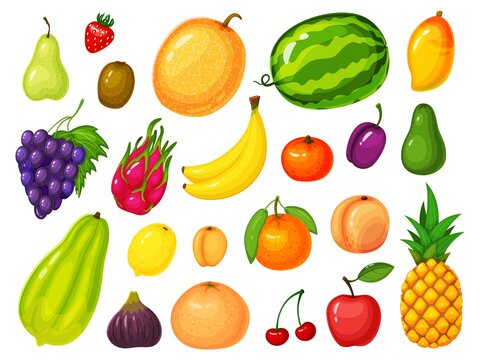 Cartoon fruits. Lemon, strawberry, banana, orange, apple, watermelon, peach, pineapple, mango, grapes Ripe tropical exotic fruit vector set Organic juicy berries isolated on white