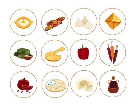 Georgian cuisine Food Set Icons dishes. Different Baked Cheese adjarian khachapuri,khinkali,shashlik,bbq,fried meat, pkhali,dolma,dishes,barbecue. Flat Vector illustration isolated on white background