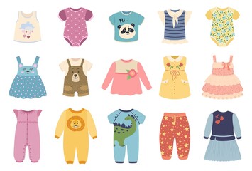 Kids clothes. Cute baby boys and girls cloth with funny patterns. Jacket, dress, skirt. Children summer fashion apparel vector set. Newborn and toddler costume wear isolated on white