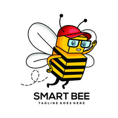 Geek bee mascot logo, Logo Vector Template, Design element for logo, poster, card, banner, emblem, t shirt, Vector illustration.