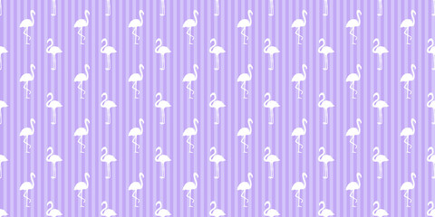 Seamless abstract wallpaper. Striped banner with flamingos. Cartoon birds. Colorful illustration