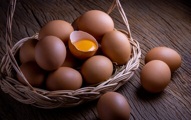 Fresh chicken eggs in wicker basket on old rustic wooden table in the kitchen, organic food, close up